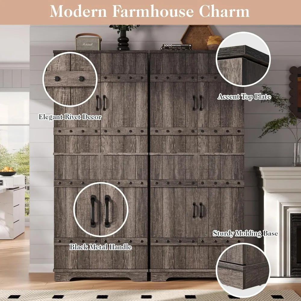72 Tall Farmhouse Kitchen Pantry with Rivet Barn Doors, Rustic Wood Cupboard Storage Cabinet/w Drawer & Adjustable Shelves for D
