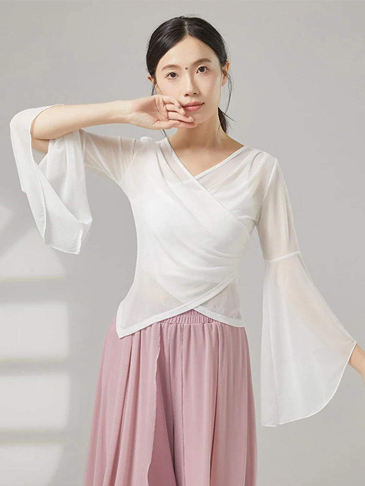 Classical Dance Mesh Top For Women Flare Long Sleeve V-Neck Blouse Flowy Chinese Folk Dance Training Practice Costume Shirt