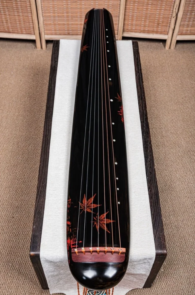 Hundun Style Guqin Aged China Fir Wood Pure Raw Lacquer Hand-painted Maple Leaf Pattern Traditional Chinese String Instrument