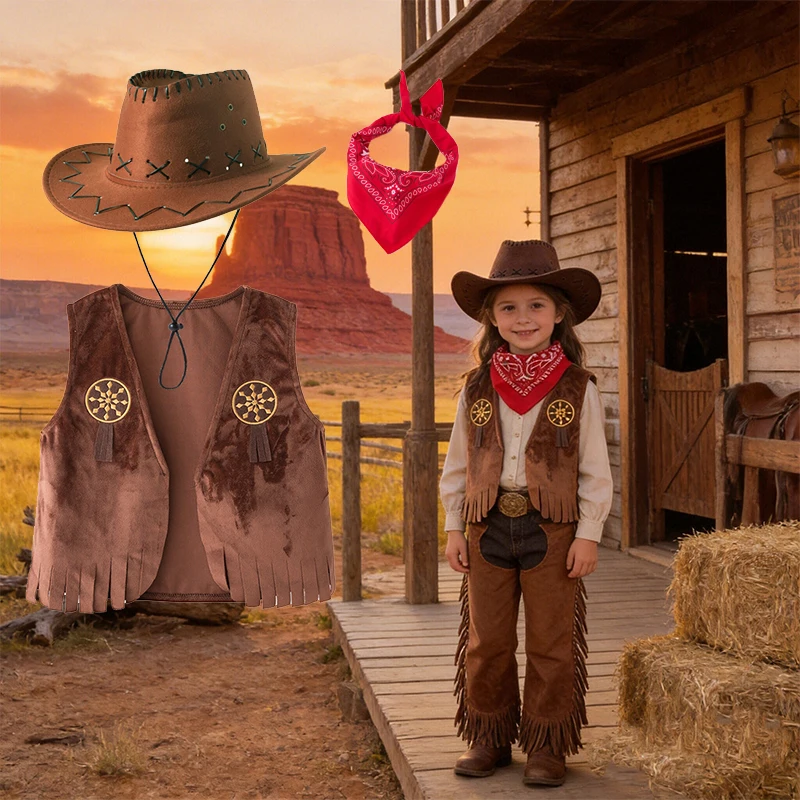 Ensemble Gilet en Polaire Marron pour Enfants avec Bandana et Chapeau – Costume de Cowboy Western pour Jeu de Rôle, Fête et Spectacle