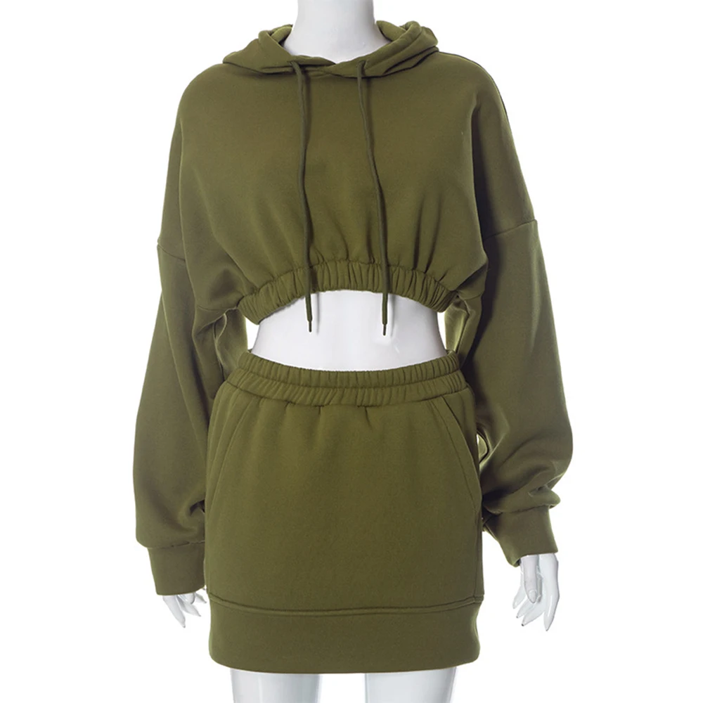 Fashion Military Green 2piece Set Women Street Trend Cool Spicy Girl Short Hooded Pullover+Elastic Short Skirt Women Clothing