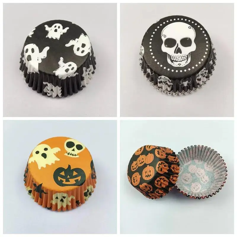 100x Halloween Ghost Spider Pumpkin Skull Merry Christmas Trick or Treat Cupcake Liners Muffin Baking Cups Wrapper Tray Holder