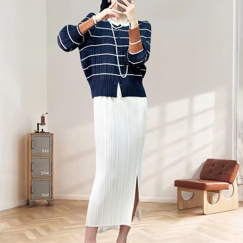 

Miyake Pleated Skirt Set 2025 Miyake Plisse Sets Summer Pleats Set Long Sleeve Waisted Round Neck Fold Top+pleat Split Skirt