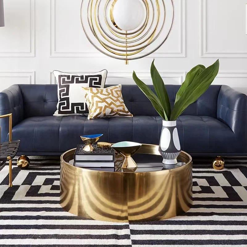#h  Luxury Small Unit Living Room Circular Marble Coffee Table Black Glass Surface Minimalist Villa Club Flower Table