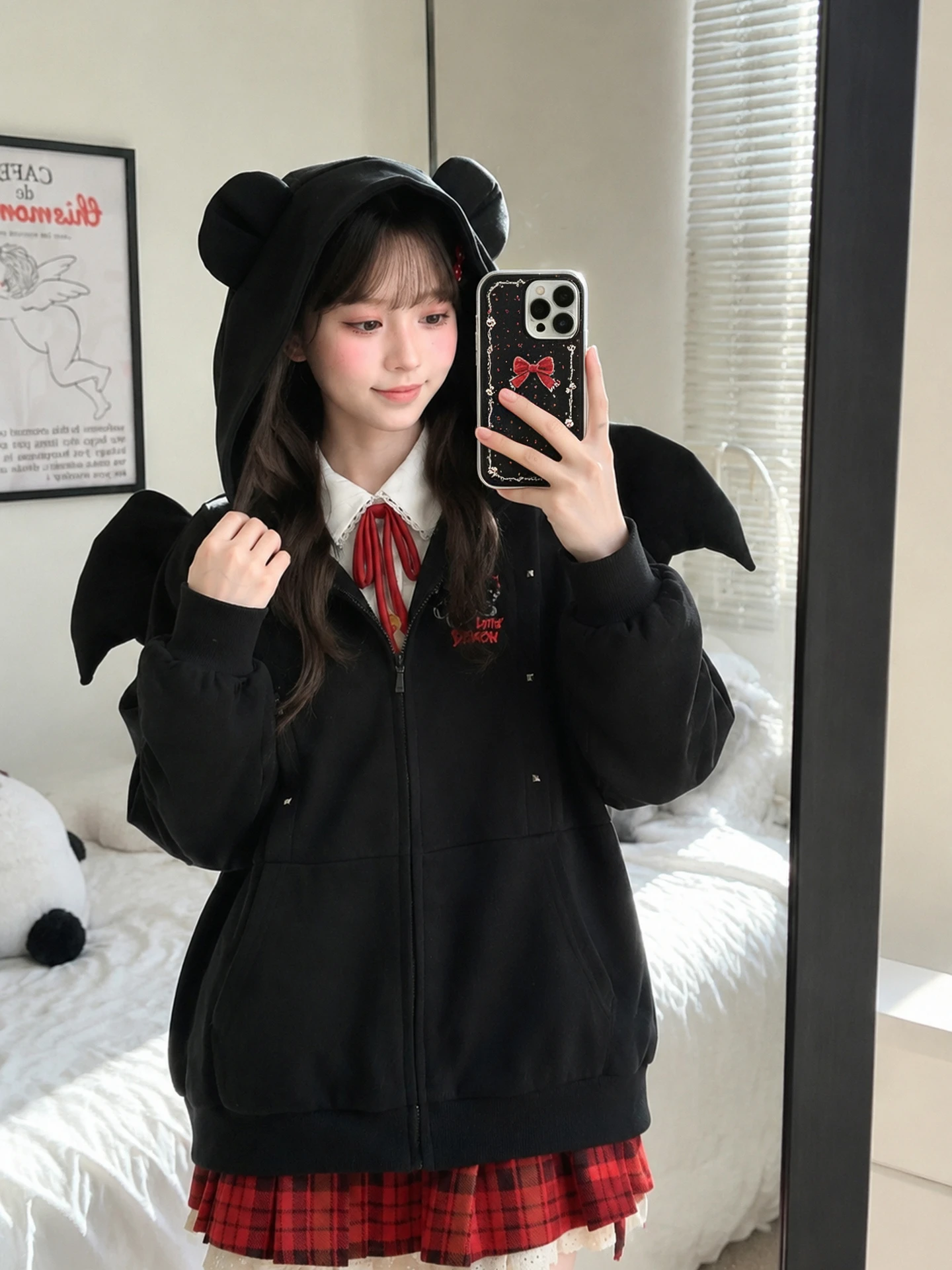 Devil Wings Detachable Jacket Women's Loose Fit Hooded Bear Embroidery Sweatshirt Autumn Sweet Style Cotton Polyester Blend