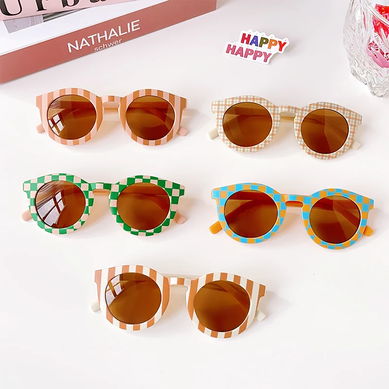 Children Cute Checker Panel Color Round UV400 Sunglasses Baby Girls Outdoor Sun Protection Sunglasses Kid Eye Protection Glasses