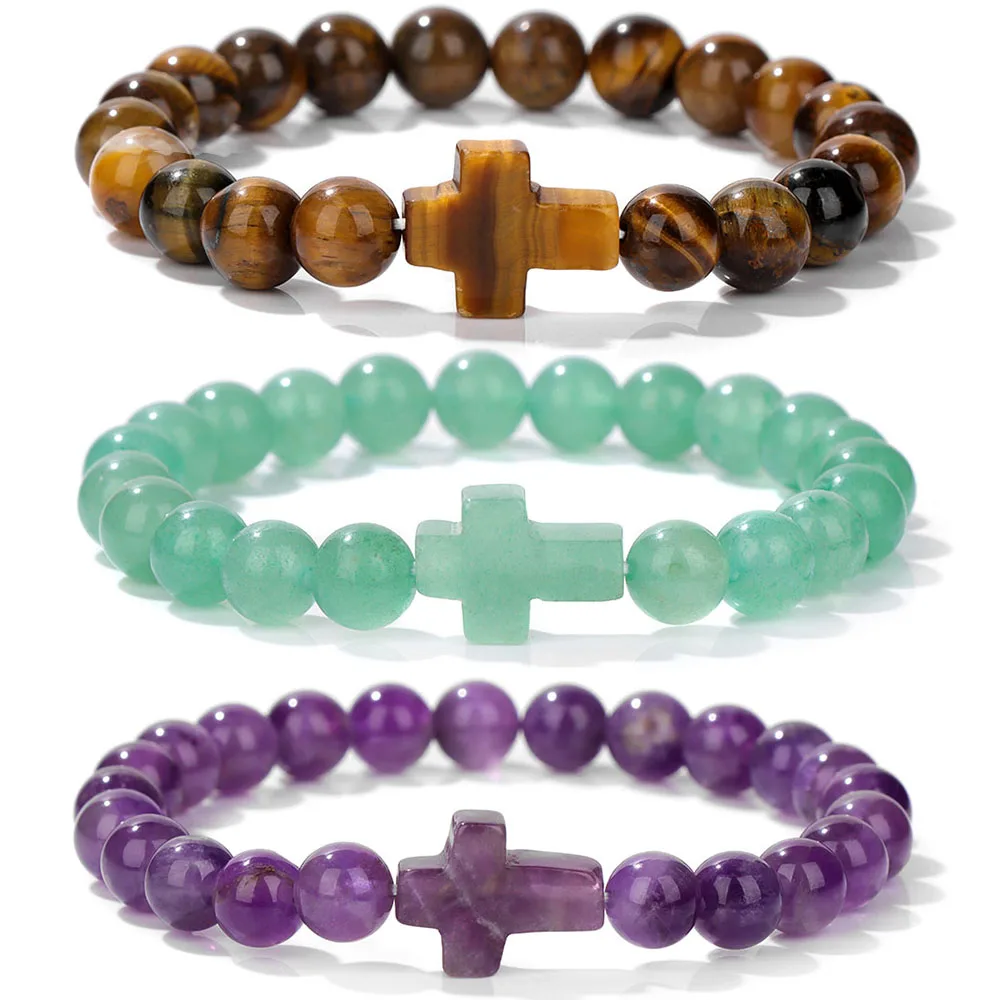 Fashion Jesus Cross Charm Bracelet Natural Stone Amethysts Green Aventurine Tiger Eye Beads Bracelets For Women Men Yoga Jewelry