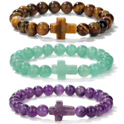 Fashion Jesus Cross Charm Bracelet Natural Stone Amethysts Green Aventurine Tiger Eye Beads Bracelets For Women Men Yoga Jewelry