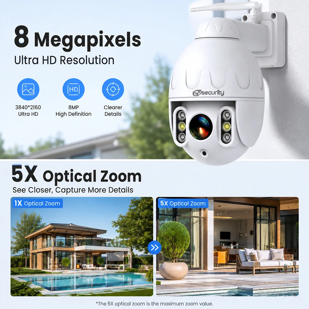 Metal Outdoor WiFi PTZ Surveillance Camera 4K 8MP IMX415 5X Optical Zoom Auto Tracking Spotlight Siren 2-Way Talk Security Cam