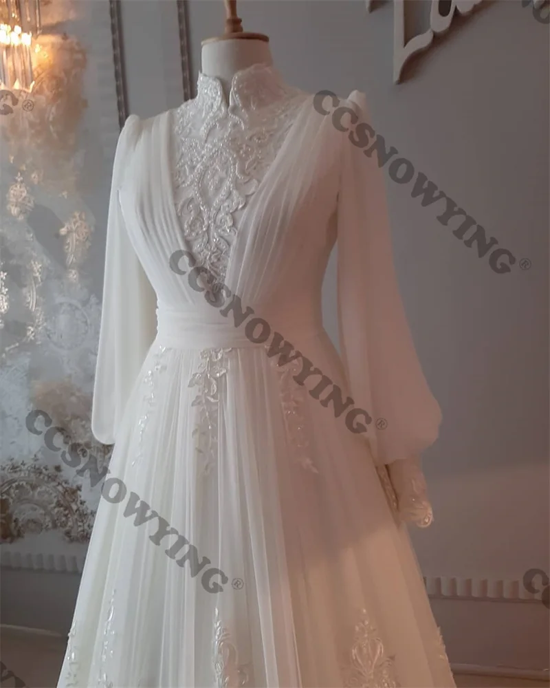 Elegante tule apliques de manga longa vestidos de casamento a linha alta pescoço vestido de noiva das mulheres pérolas árabe dubai vestidos de novia