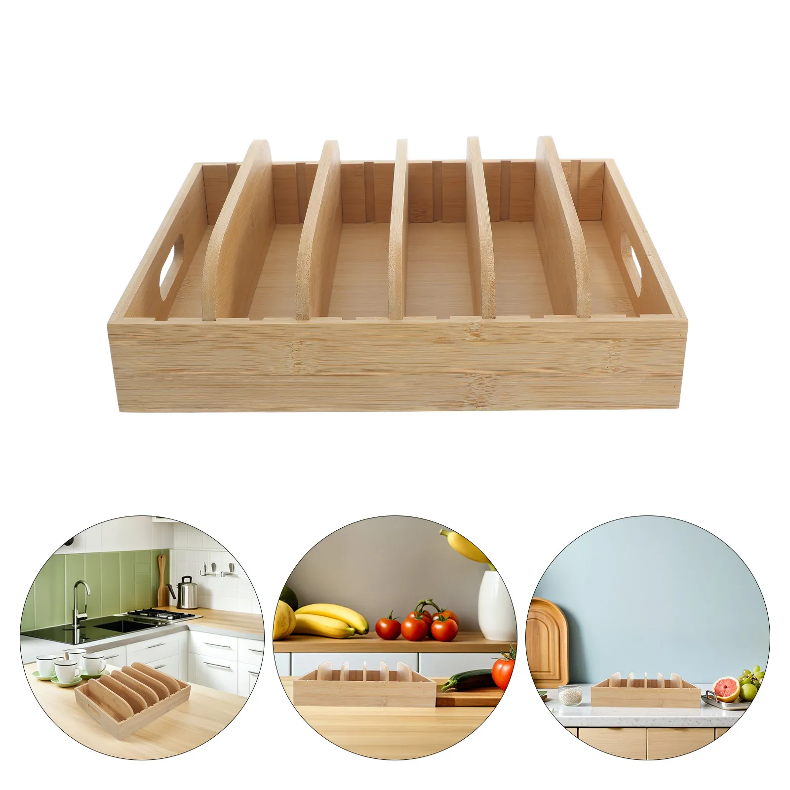 Bamboo Lid Organizer for Kitchen Pantry Food Storage Container Lid Holder 5 Adjustable Inserts 6 Compartments Inside Cabinet