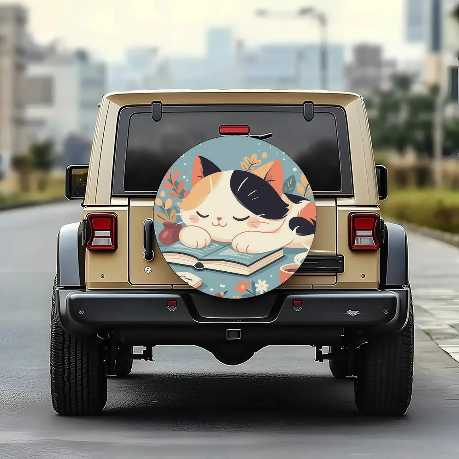 Single Cat Book-Themed Tire Cover, Stylish Universal Wheel Protector, Fits Most Vehicle Wheels