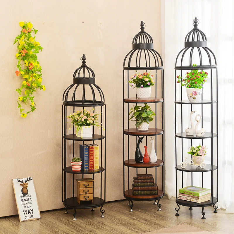 Vintage American style rural iron art solid wood flower rack, bird cage, living room, bedroom, multifunctional shelf, circular