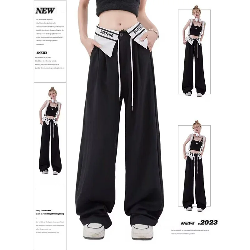 Women\'s pants Patchwork Wide Leg Pants Women Black Contrast Casual High Waist Pants Spring Summer 2023 y2k Trouser Office Ladies