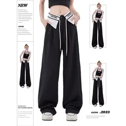 Women's pants Patchwork Wide Leg Pants Women Black Contrast Casual High Waist Pants Spring Summer 2023 y2k Trouser Office Ladies