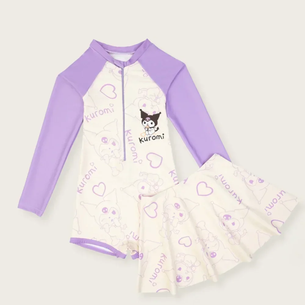 Costumi da bagno interi con stampa Kuromi Sanrio Anime My Melody Cinnamoroll Costumi da bagno a maniche lunghe per bambini Gonna costume da bagno