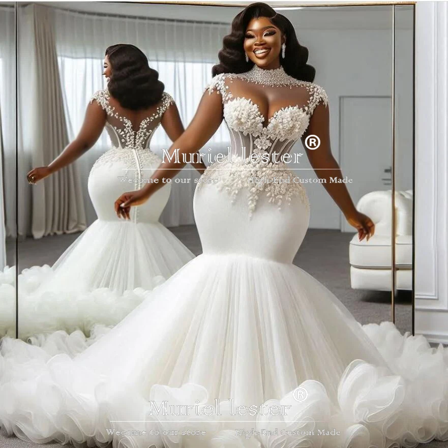 Exquisito África Aso Ebi sirena vestidos de novia apliques cuentas volantes vestidos de novia personalizados mujeres ropa para ocasiones formales