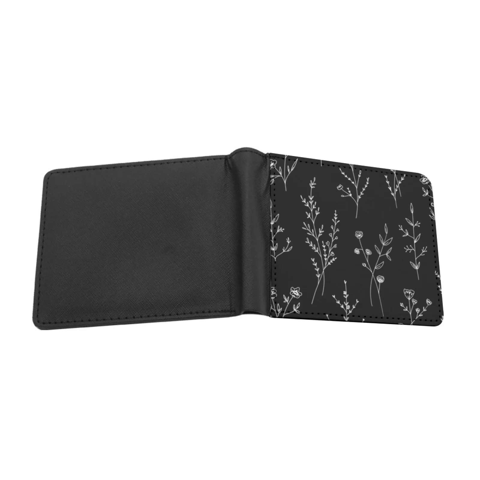 New Wildflowers Black Personalized Men's Leather Wallet Credit Card Pouch Purse Wildflowers Flowers Floral Botanical Botanic