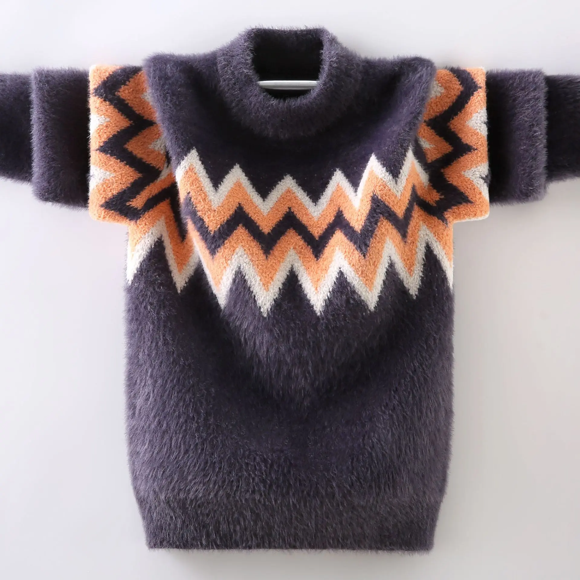 Children's Strpes Knitted Sweaters 2023 New Autumn Winter O-Neck Knitwear Plush Pullover Sweater Thickend Warm for Boy's 4-14T