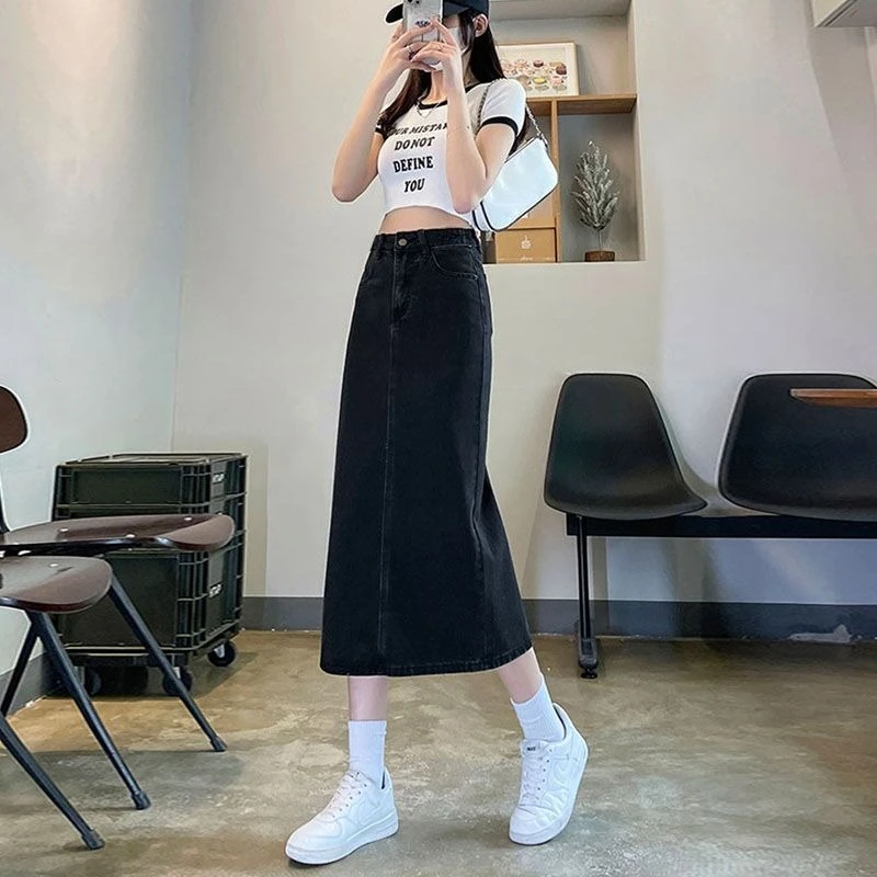 

Новая ретро-юбка из синего денима 2026 года, женская, с высокой талией, разрезом сзади, А-силуэт, миди, облегающая, скрывающая бедра