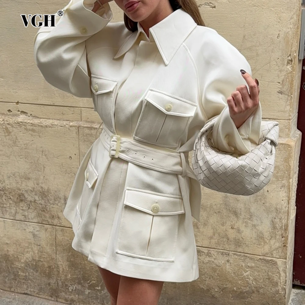 

VGH Autumn Solid Temperament Slimming Jackets For Women Lapel Long Sleeve Spliced Belt Designer Party Jacket Female Fashion New
