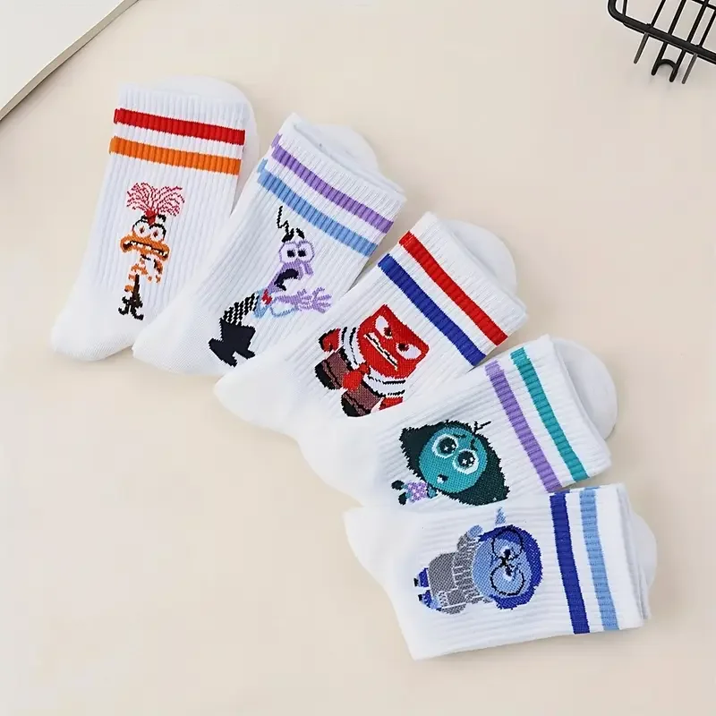 5 Pairs Of Spring/Summer Neutral White Series Fashionable Cool Cartoon Pattern Multifunctional Casual Sports Striped Long Socks