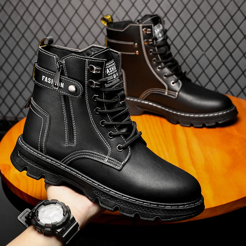 

New Motorcycle and Ankle Boots Men's High-top Fashion Shoes Waterproof Boots Men Leather Shoes Men Casual Boot Bota Masculina