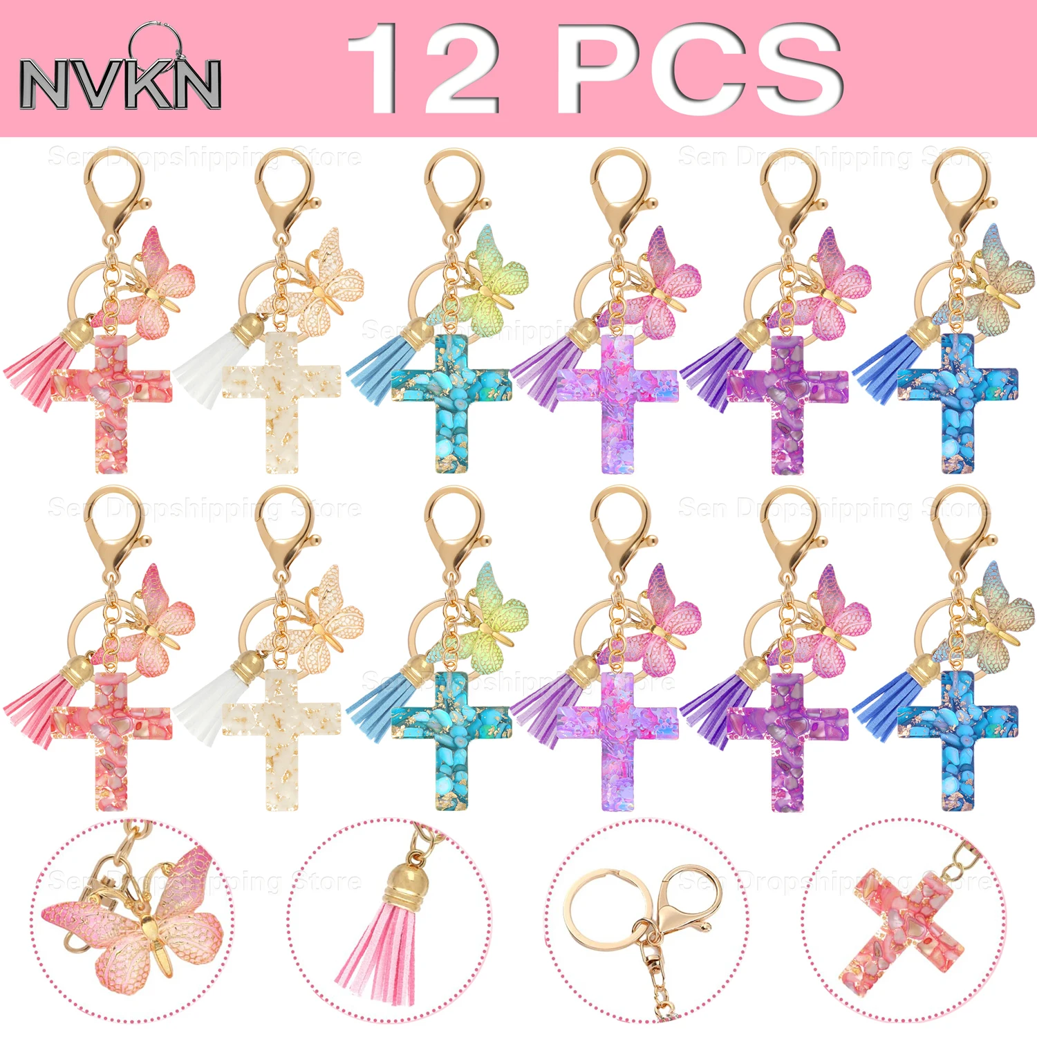 

12Pcs Artistic Resin Cross Keyring - 3D Butterfly Design, Women's Bag Pendant, Blessing Keepsake Gift