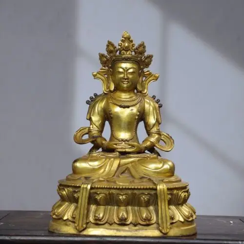 

10" Old Tibetan Buddhism Temple Bronze 24k gilt Amitabha Longevity Buddha statue