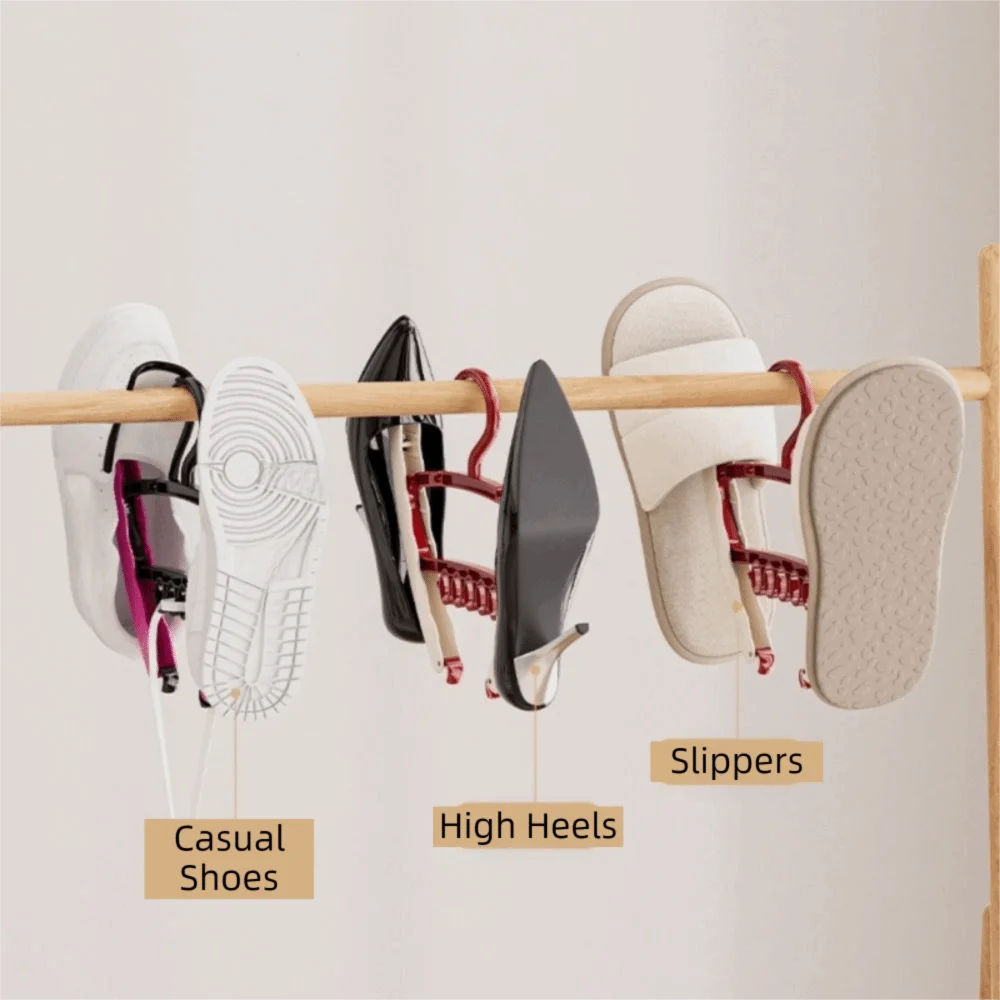 4 Pieces Plastic 3-in-1 Clothes Drying Rack Anti-slip Hanging Shoe Drying Rack Windproof Save Space Travel Folding Hanger