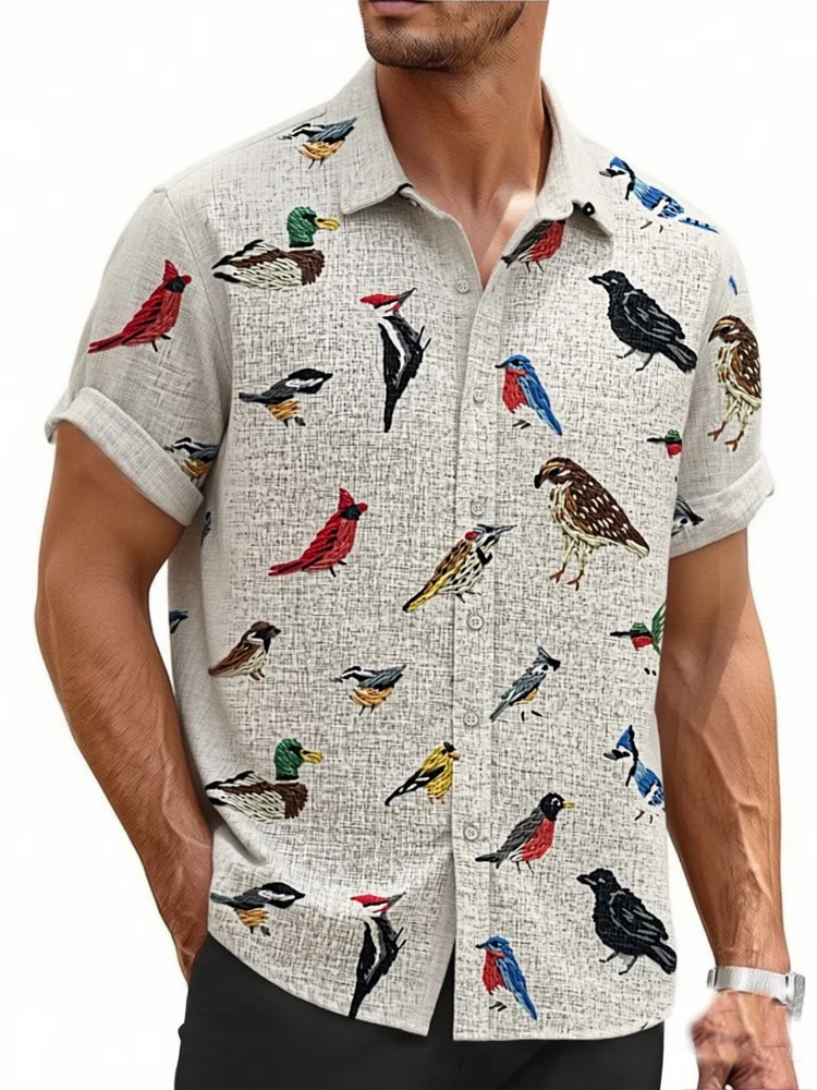 

Men's Lovely Birds Art Print Shirt Oversized Short Sleeve Button Down Chic Tops Holiday Summer 2026 New Stand Collar Tunics