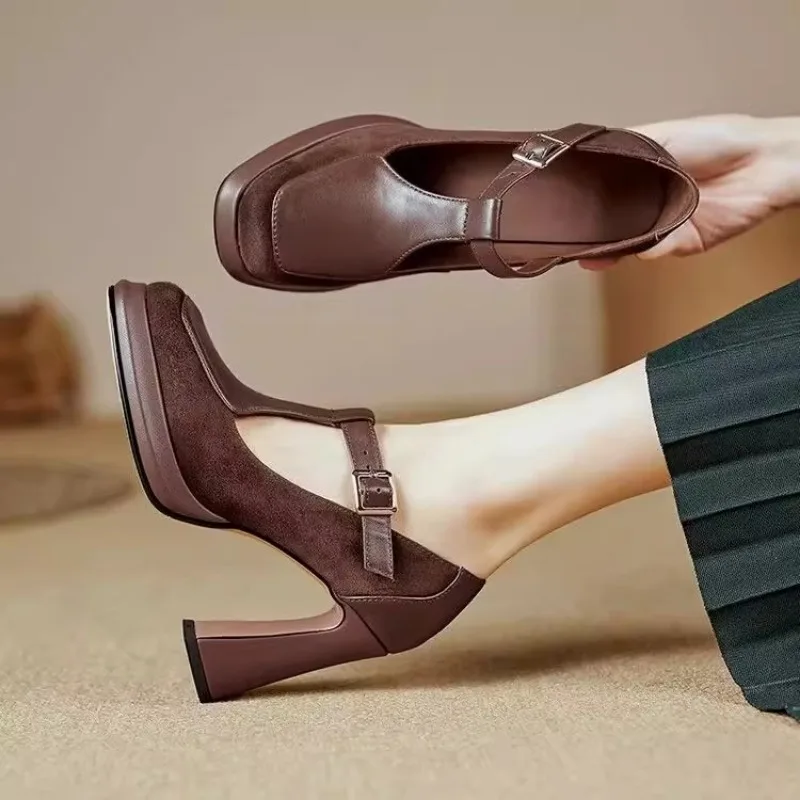 

New Coarse Heel Shoes Women Fashion Square Head Shallow Mouth Splicing Suede One Line Buckle Non-slip High Heels