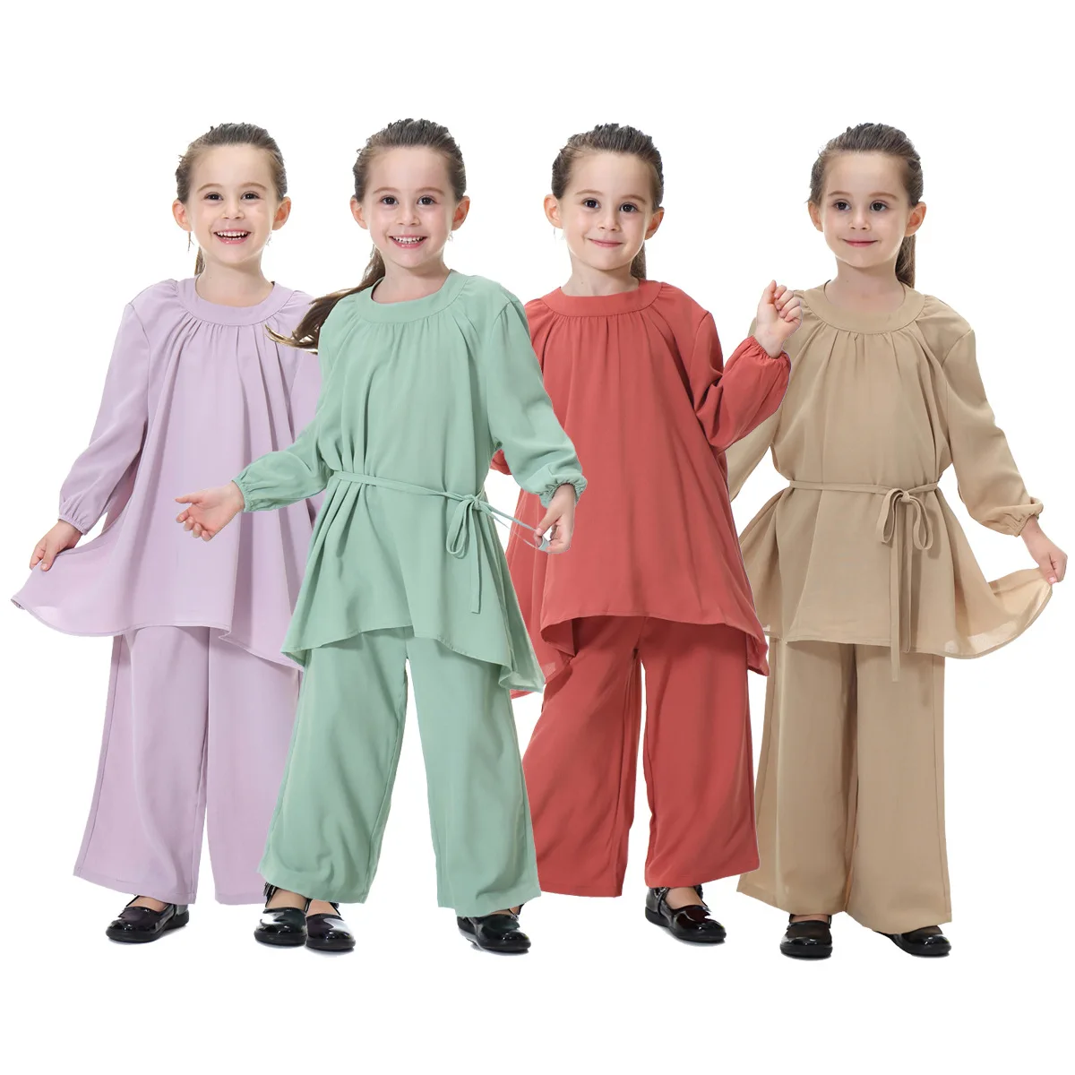 Muslim Suit Children Girls Blouse Top Wide Leg Pants 2 Piece Set Ramadan Eid Morocco Dubai Kid Casual Ensemble Arabic Outfits