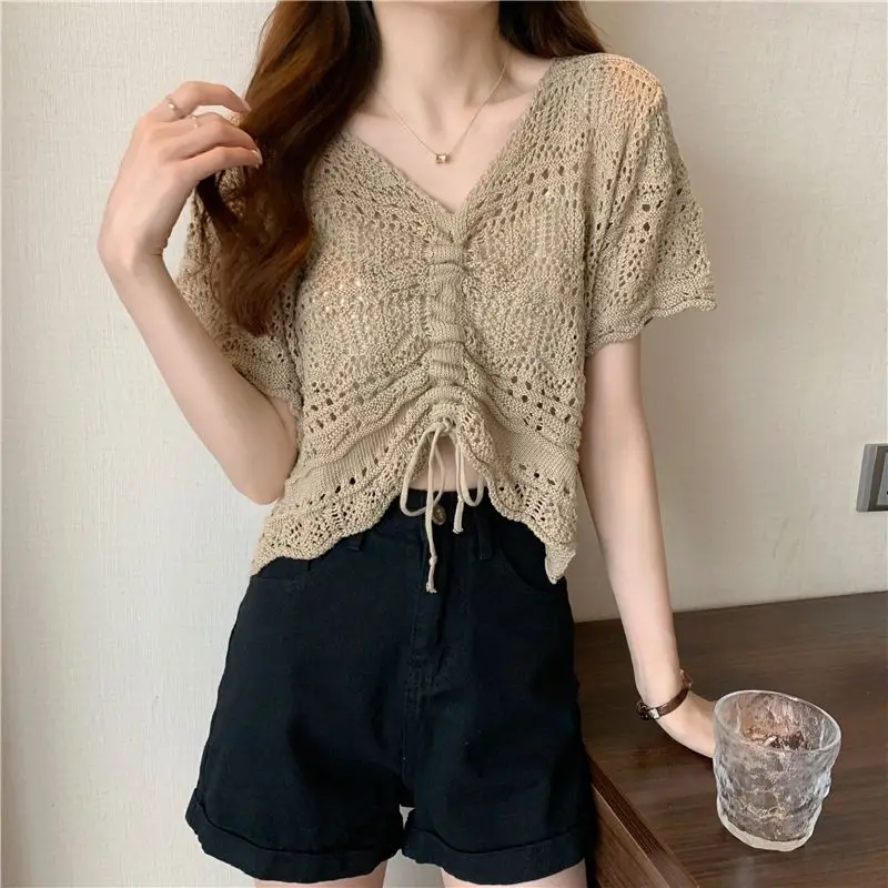 Summer New Drawstring Lady V-neck Short Hollow Knitted Women's Hollowed out Short Sleeved Top Sweater khaki