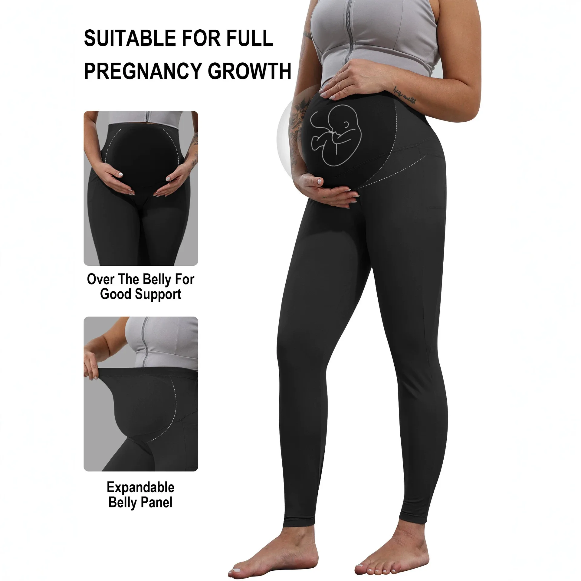 Women Maternity Yoga Pants Side Pockets High Waist Adjustable Waistband Belly Support Stretch Workout Pregnancy Leggings