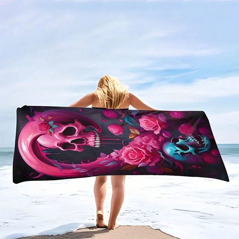 Pink & Blue Skull Rose Beach Towel Patterned Sunscreen And Windproof Suitable For Swimming Pool Camping Travel Blanket