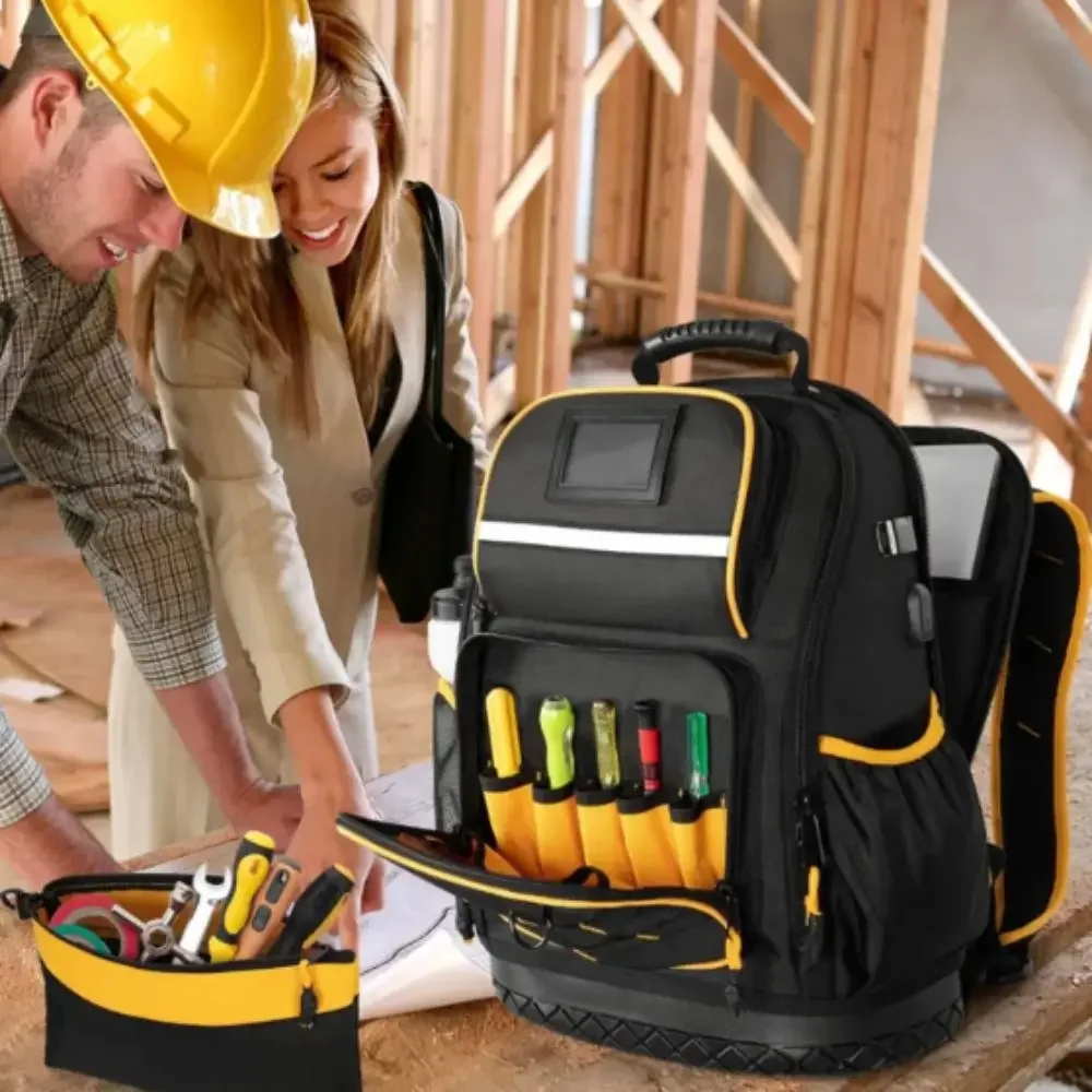New Design Black Color Tool Backpack Lock Feature Multiple Pockets Toolkit Wear-resistant Hard Bottom Tool Bag Electricians