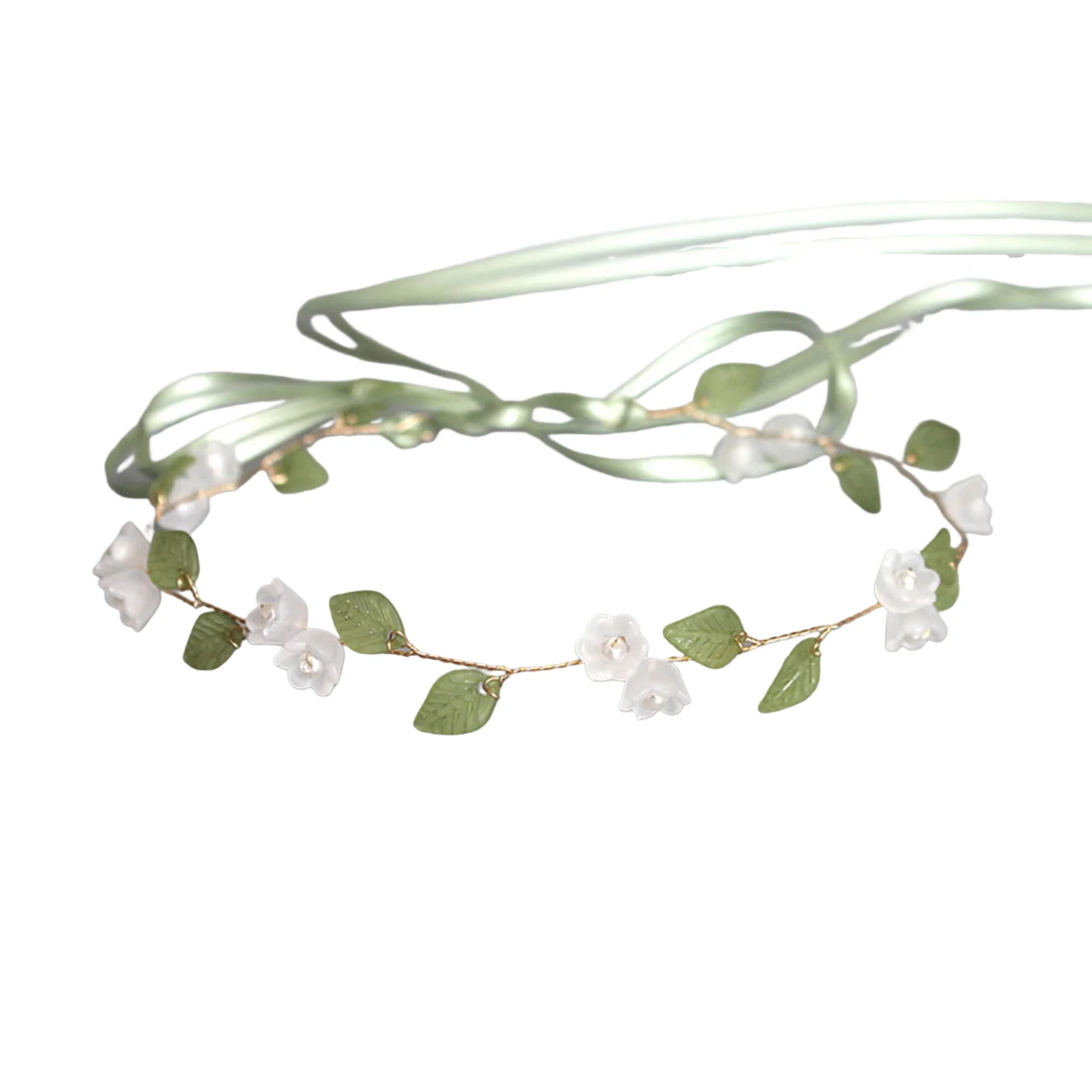 Simulated Flower Hairband Wedding Hair Accessories For Women Pearl Bridal Headbands With Green Ribbon Marriage Hair Jewelry image 5