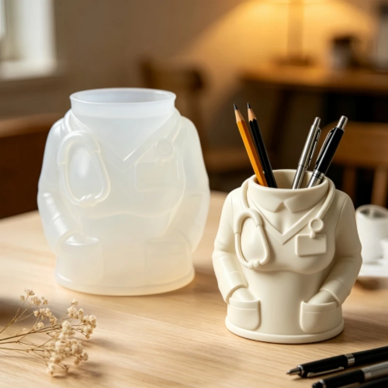 Doctor Half body Statue Vase Resin Silicone Mold Hand Insertion Pocket Female Doctor White Coat Sculpture Pen Holder Gypsum Mold