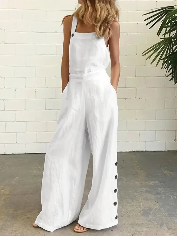 UOOZEE Women's Summer Linen Blend Wide Leg Sleeveless Jumpsuits High Waisted Loose Fit Buttoned Pockets Solid Color Romper