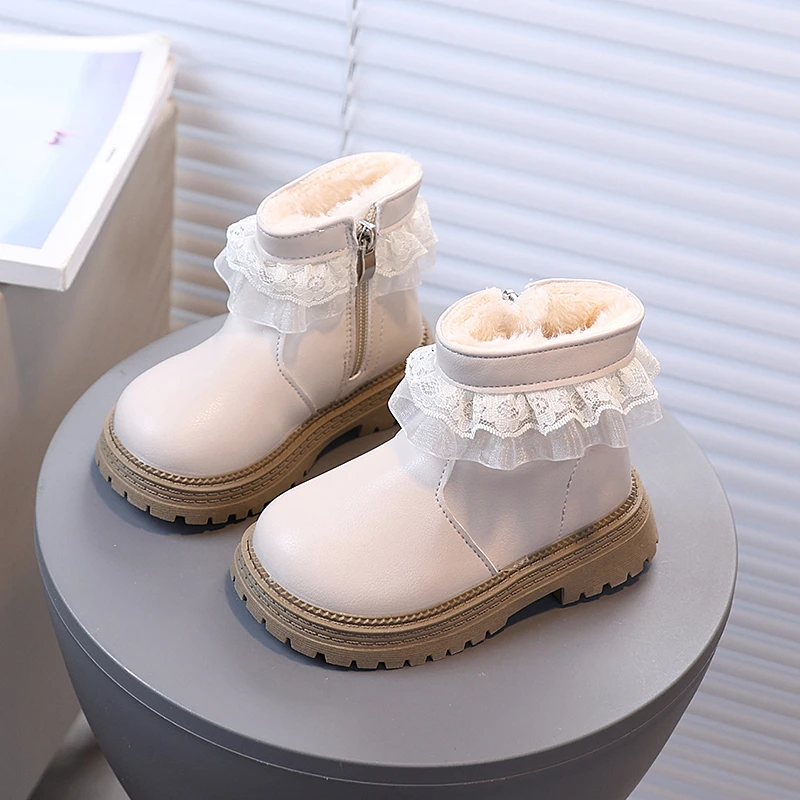 

Детские ботильоны, милые кружевные короткие сапоги с мягкой подошвой для девочек, однотонные универсальные зимние ботинки 2025, новые детские кожаные ботинки на толстом меху