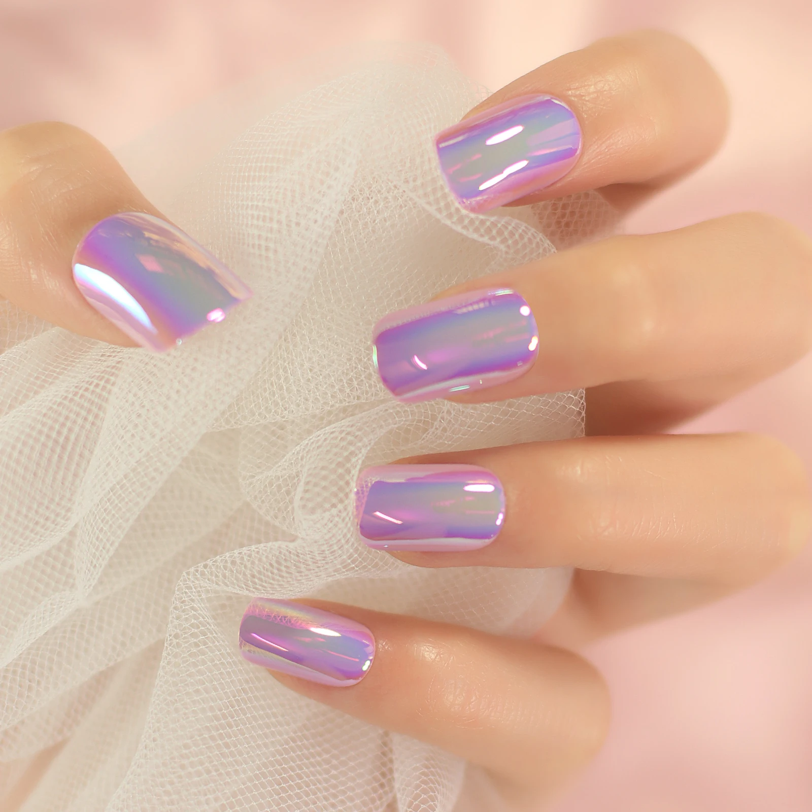 Fantasy Fingernails Short Round Press On Nails Natural Shape Solid Pure Purple Chrome Nail Tips Holographic Reusable Nails
