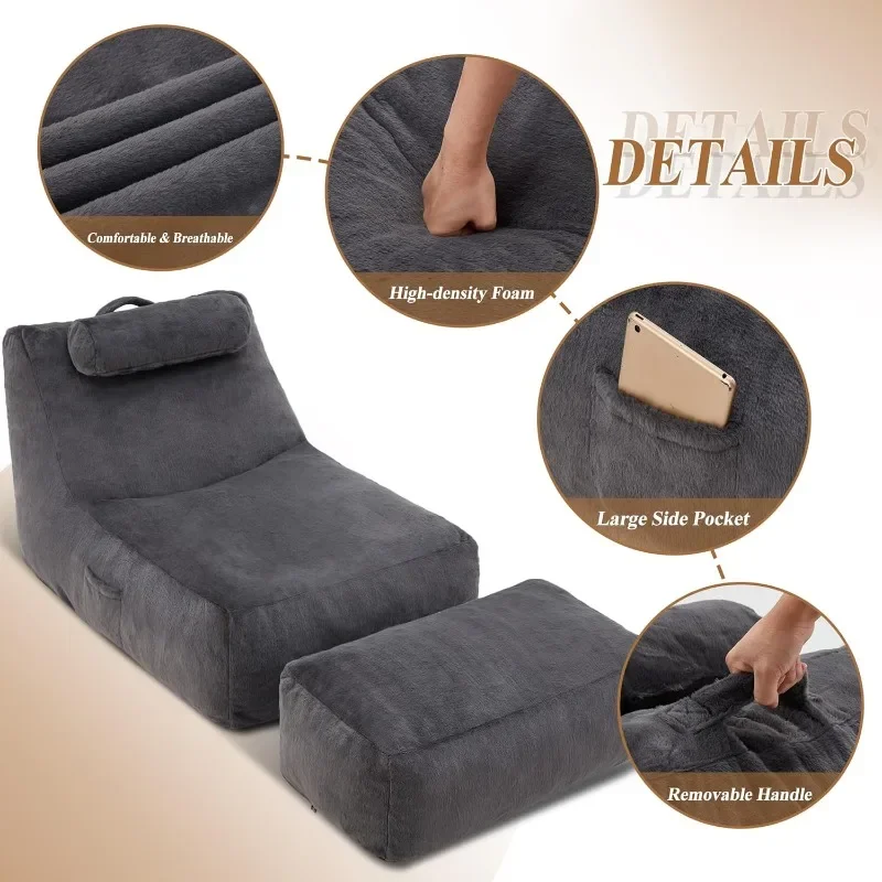 Chair Large Indoor Beanbag Sofa Lazy Beanbag with Neck Roll&Ottoman Cozy Floor Sofa with Washable Cover&Side Pocket