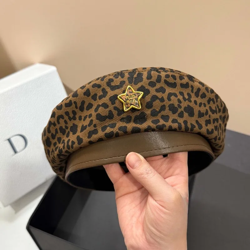 

Animal Print Beret Women Distressed Star Embroidery Face Framing Adjustable Outdoor Sports Cap Lightweight Free Shipping​​