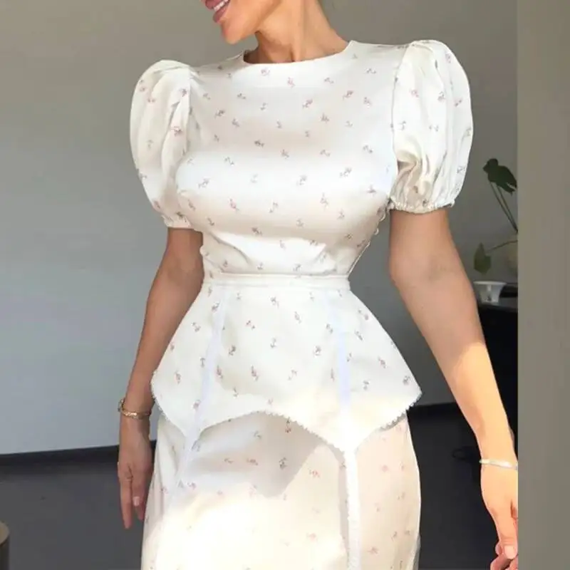 Elegant Floral Long Skirt Suit Women Summer Fashionable With Lantern Sleeves Slim Fit Waist Cinched Round Neck Top Flared Skirt
