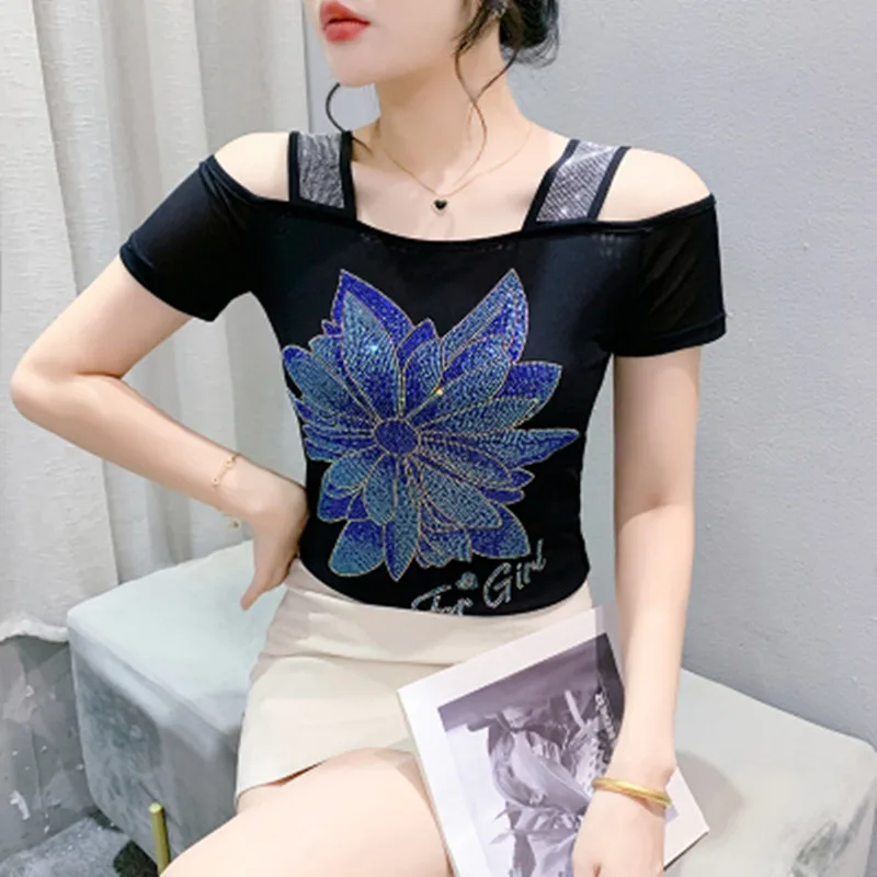 Streetwear Girl Summer Flower T-shirt Chic Sexy Off Shoulder Shiny Hot Diamonds Tees New Women Short Sleeved Luxury Tops Shirts