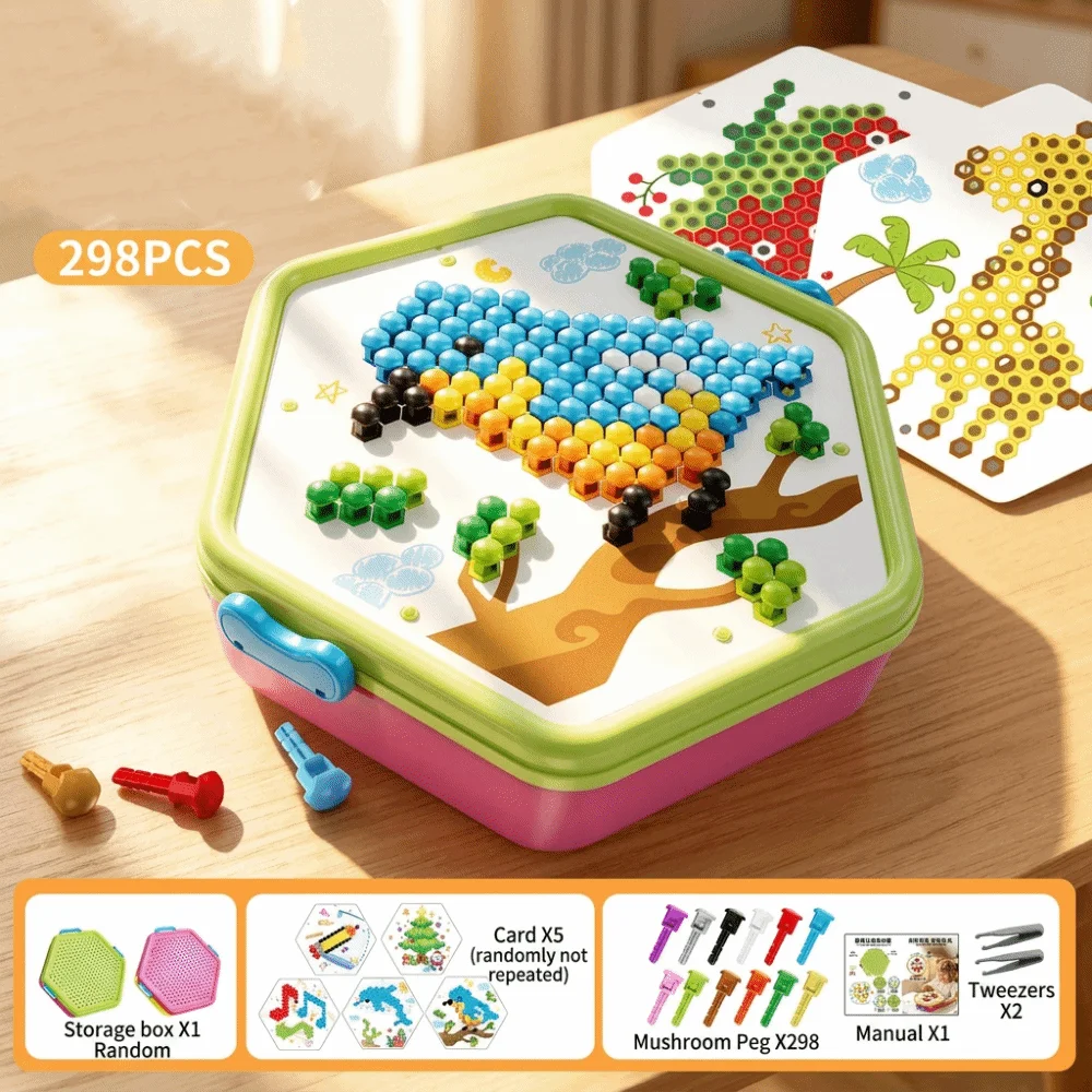3D Pegboard Puzzle Set Mushroom Shaped Pegs Colorful Patterns DIY Peg Art Building Toy Perforated Board Hand Eye Coordination