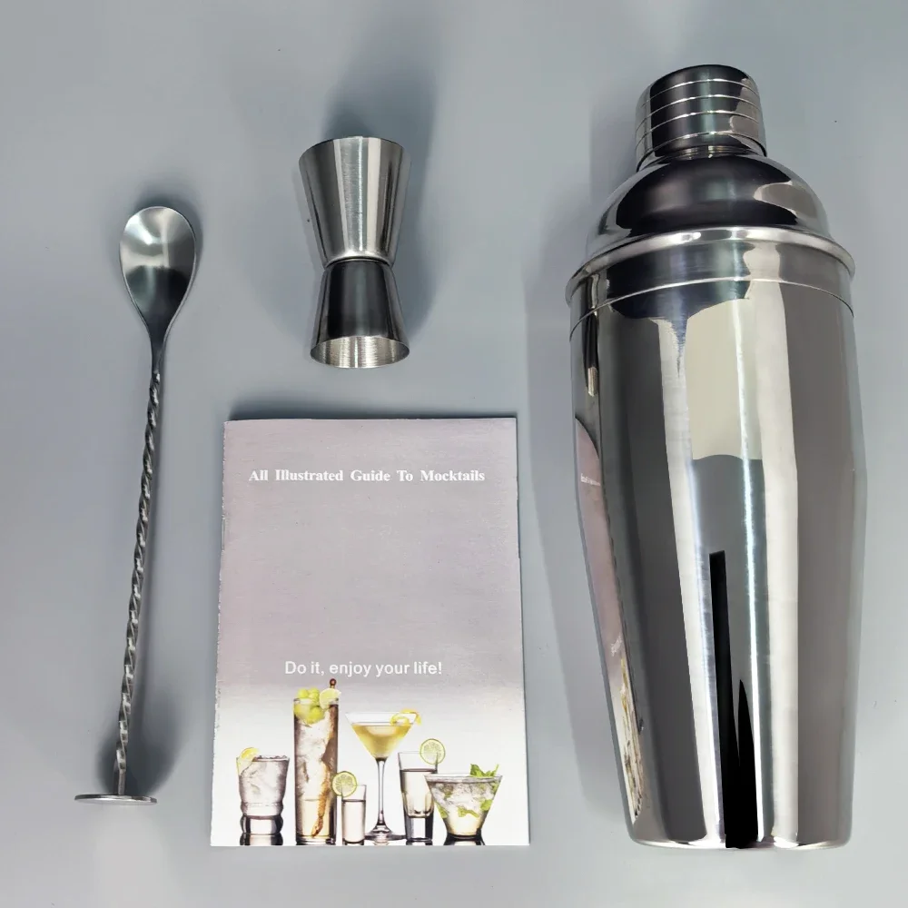 3PCS/Set 750cc 304 Stainless Steel Cocktail Shaker, Bartender Kit, Bartending Bar Shaker Tool Jigger, Spoon with Cocktail Recipe