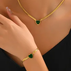 Stainless Steel Heart-Shaped Green White Crystal Pendant Necklace Bracelet For Women Fashion Jewelry Set Party Gift