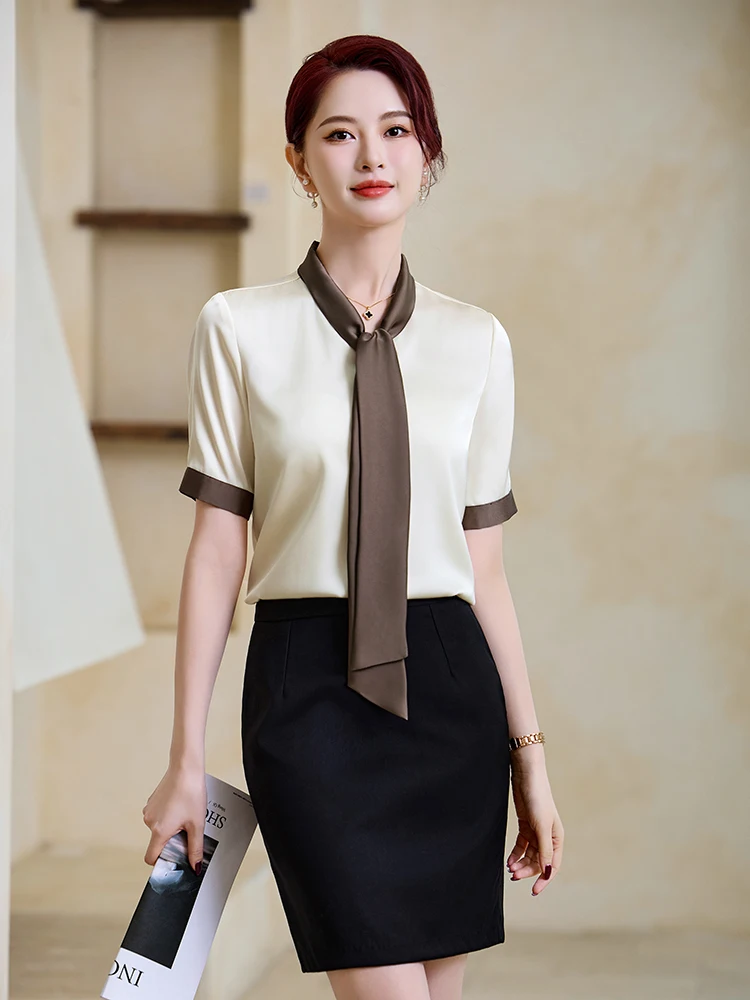 

Профессиональная женская рубашка с коротким рукавом, модная, приталенная, с поясом, для собеседований, работы, салонов красоты, летняя рабочая одежда